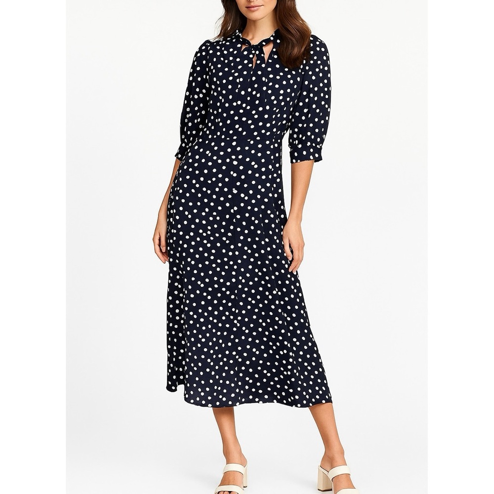 CeCe NWT Polka Dot Retro Style Short Puff Sleeves Neck Tie Bow Mod Midi Dress